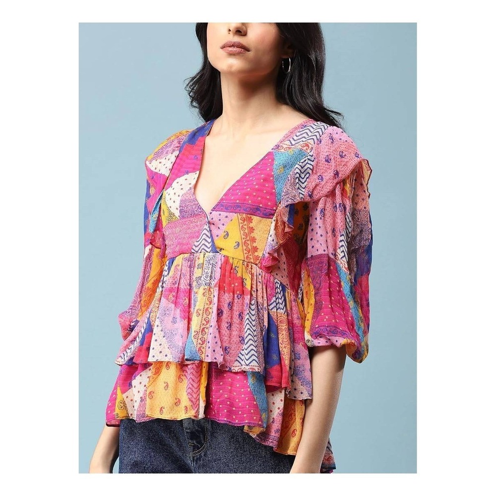 Aarke Ritu Kumar Pink Patchwork Paisley Ruffle Peplum Blouse Top Womens Medium